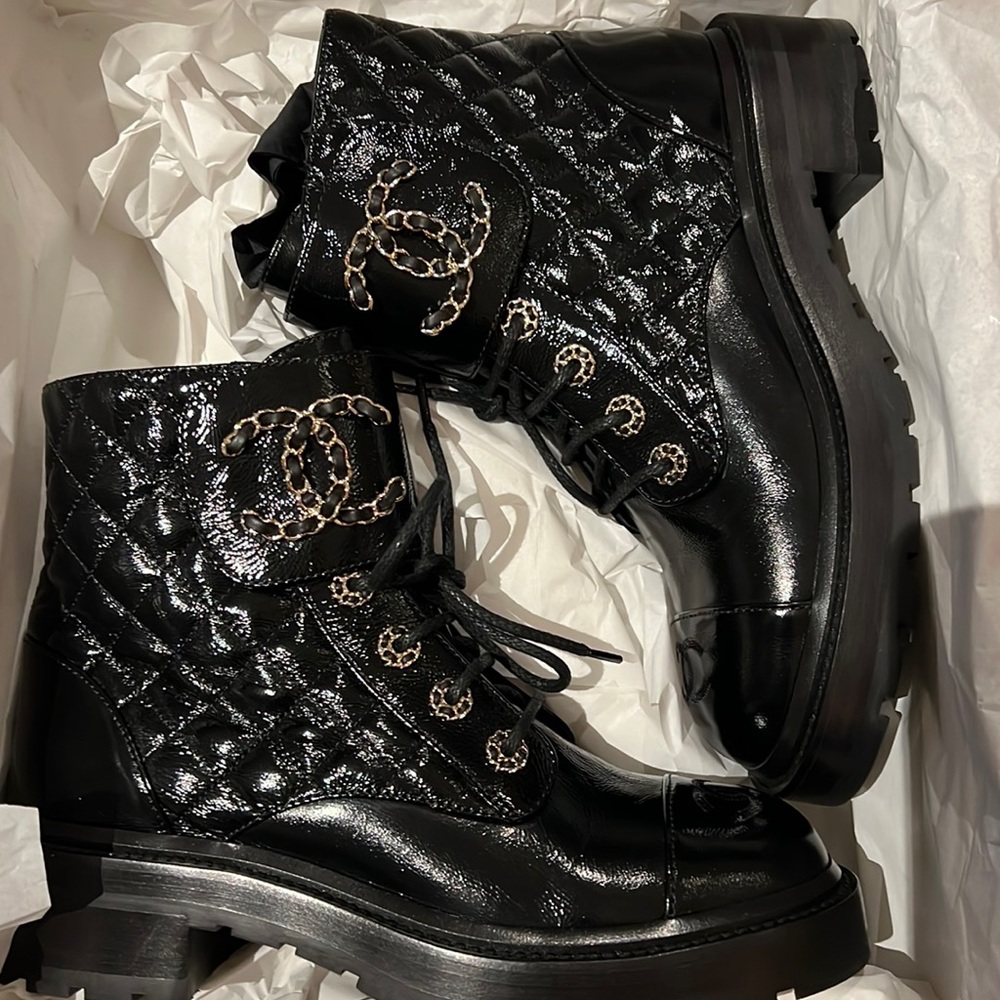 Chanel lace up combat boots